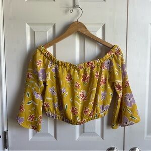 BCBG yellow floral coconut girl off the shoulder bell sleeve crop top